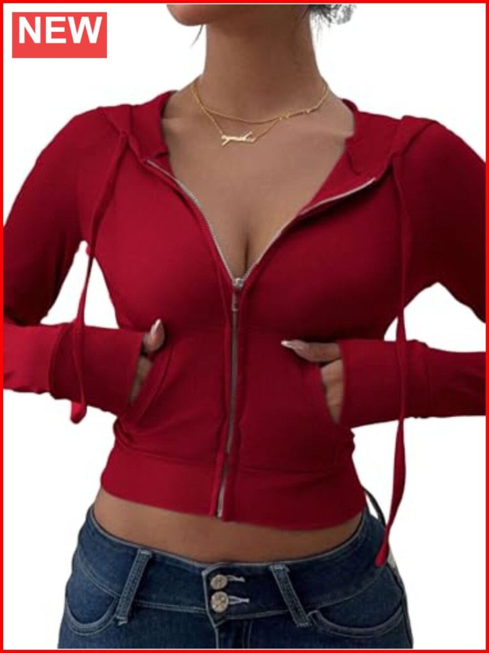 Women's Y2K Crop Zip Up Hoodie Slim Fit Ribbed Knit Sweatshirt with Pockets